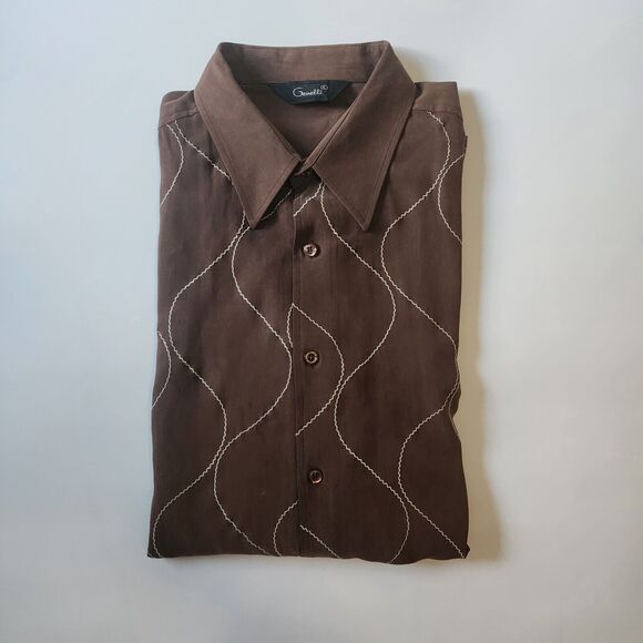 Vintage Genelli Button Shirt Men XL Brown 100 Silk Retro Sopranos 90s Wave Boho - Picture 4 of 11